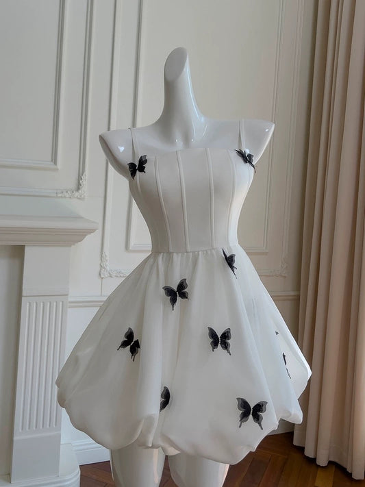 Trendy Ball Gown Spaghetti Straps White Sleeveless Formal Short 8th Grade Homecoming Dress Summer Middle School Hoco Dresses Cocktail Dress Birthday Outfits W937