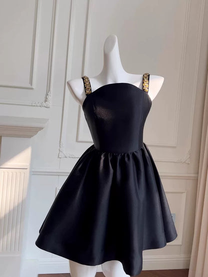 Robe de bal tendance à bretelles en satin noir sans manches, robe courte de soirée formelle pour le collège, robe de cocktail d'été, tenue d'anniversaire W938
