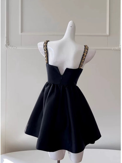 Robe de bal tendance à bretelles en satin noir sans manches, robe courte de soirée formelle pour le collège, robe de cocktail d'été, tenue d'anniversaire W938