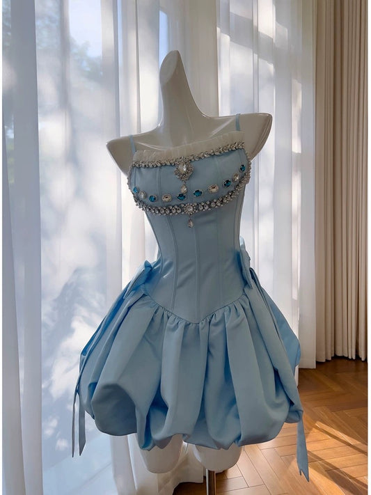Trendy Ball Gown Spaghetti Straps Blue Satin Sleeveless Formal Short 8th Grade Homecoming Dress Summer Middle School Hoco Dresses Cocktail Dress Birthday Outfits W940
