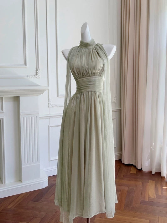 Robe de demoiselle d'honneur élégante et glamour, coupe trapèze, col haut, vert sauge, tenue de soirée, tenue d'été, robe d'invitée de mariage, W942
