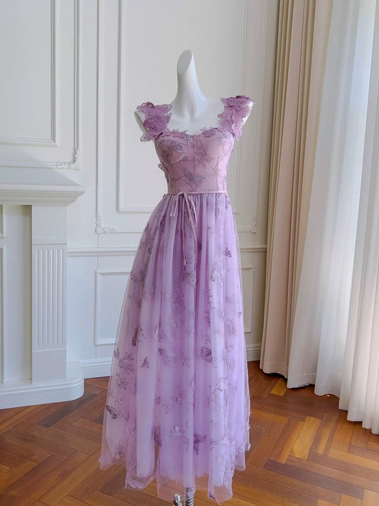 Elegant A line Straps Lilac Lace Sleeveless Long Evening Party Gowns Evening Formal Dresses Prom Dress W944