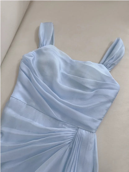 Elegant A line Straps Light Sky Blue Chiffon Sleeveless Long Evening Party Gowns Evening Formal Dresses Prom Dress W949