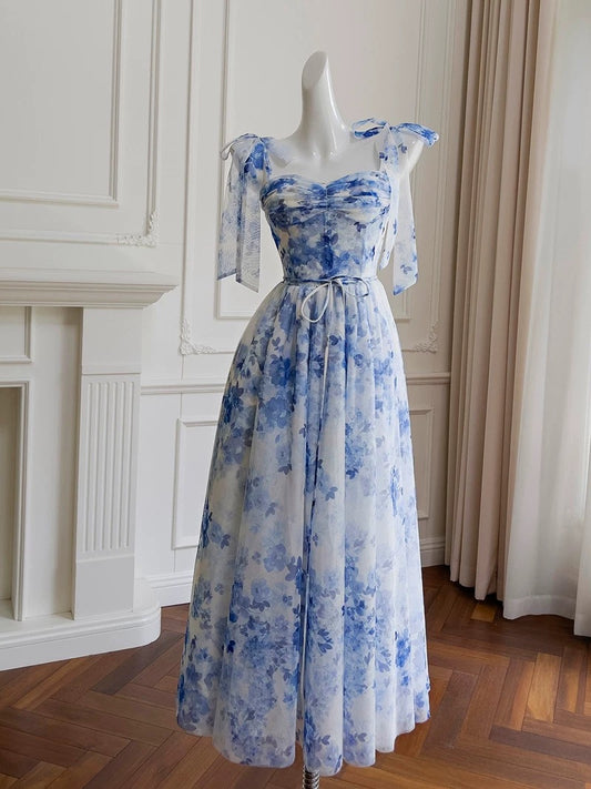 Elegant A line Straps Light Sky Blue Floral Chiffon Sleeveless Long Evening Party Gowns Evening Formal Dresses Prom Dress W951