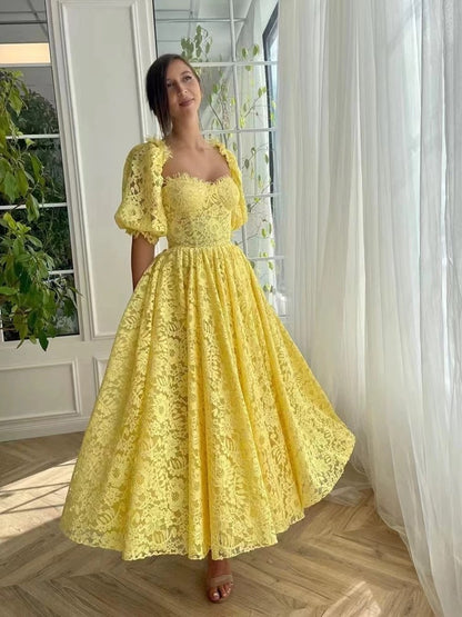 Elegant A line Sweetheart Lace Yellow Sleeveless Long Evening Party Gowns Evening Formal Dresses Prom Dress W957