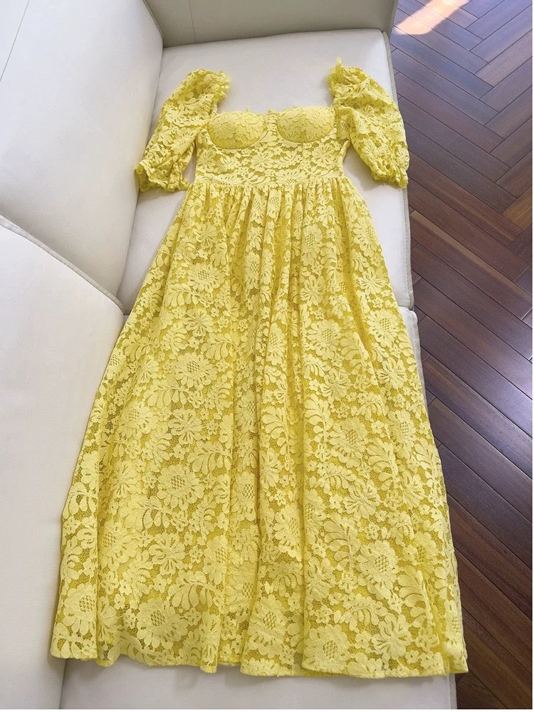 Elegant A line Sweetheart Lace Yellow Sleeveless Long Evening Party Gowns Evening Formal Dresses Prom Dress W957
