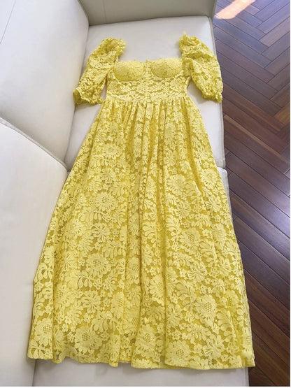 Elegant A line Sweetheart Lace Yellow Sleeveless Long Evening Party Gowns Evening Formal Dresses Prom Dress W957