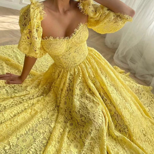 Elegant A line Sweetheart Lace Yellow Sleeveless Long Evening Party Gowns Evening Formal Dresses Prom Dress W957