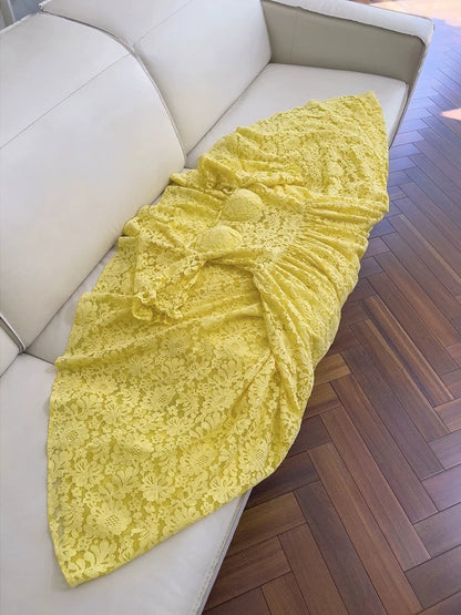 Elegant A line Sweetheart Lace Yellow Sleeveless Long Evening Party Gowns Evening Formal Dresses Prom Dress W957