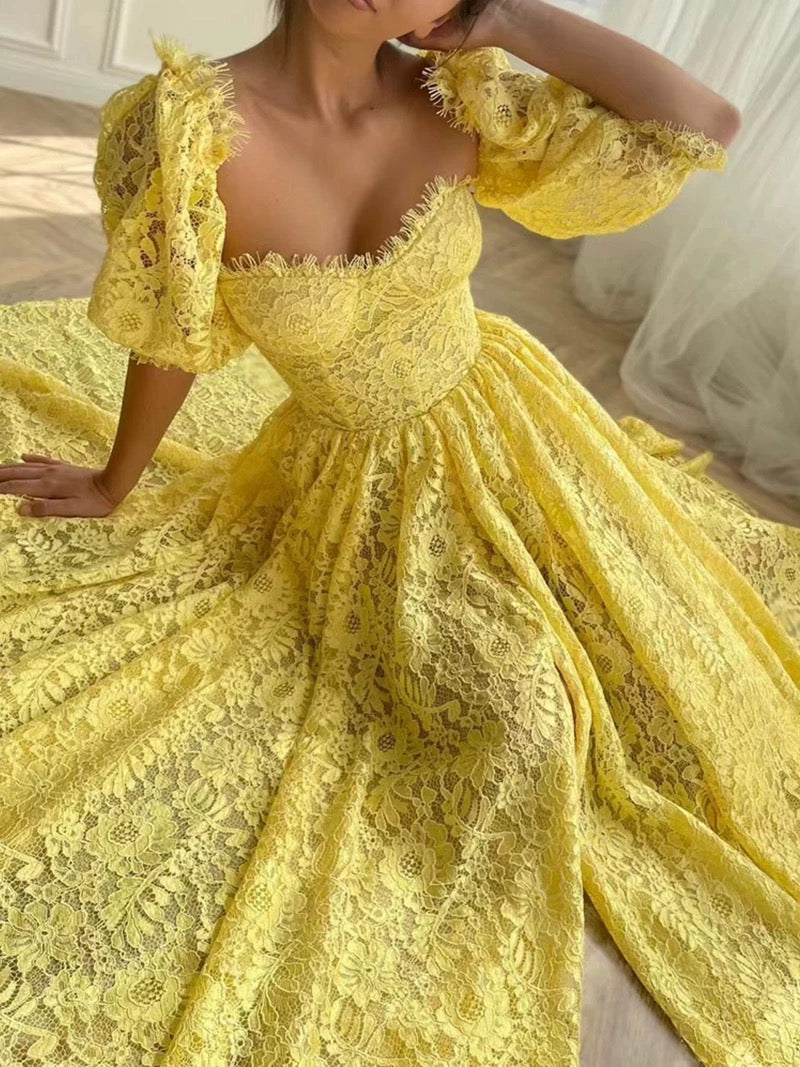 Elegant A line Sweetheart Lace Yellow Sleeveless Long Evening Party Gowns Evening Formal Dresses Prom Dress W957
