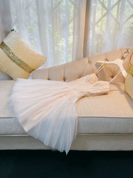 Trendy A line Spaghetti Straps Champagne Formal Short 8th Grade Homecoming Dress Summer Middle School Hoco Dresses Cocktail Dress Birthday Outfits W961