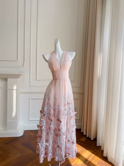 Elegant A line Halter Tulle Lace Blush Pink Sleeveless Long Evening Party Gowns Evening Formal Dresses Prom Dress W964
