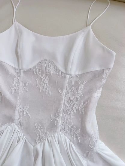 Robe de soirée courte en dentelle blanche à bretelles spaghetti, coupe trapèze, tendance, pour le collège, tenue de cocktail, d'anniversaire, W965
