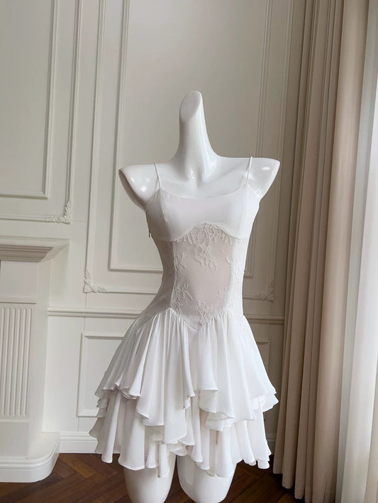 Trendy A line Spaghetti Straps White Lace Short 8th Grade Homecoming Dress Summer Middle School Hoco Dresses Cocktail Dress Birthday Outfits W965