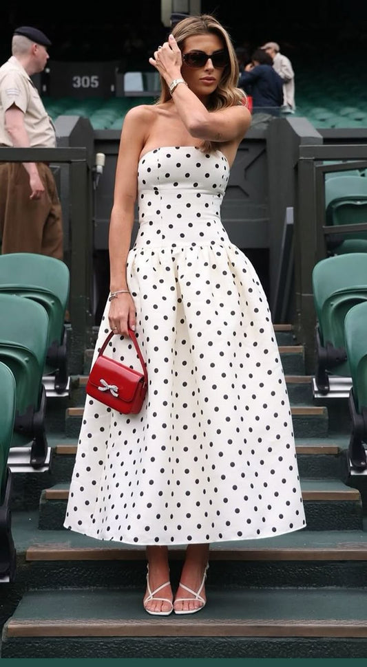 Modest A line White Polka Dots Formal Prom Gown Summer Wedding Guest Dress Bridal Guest Dresses Wedding Outfits For Guest W972