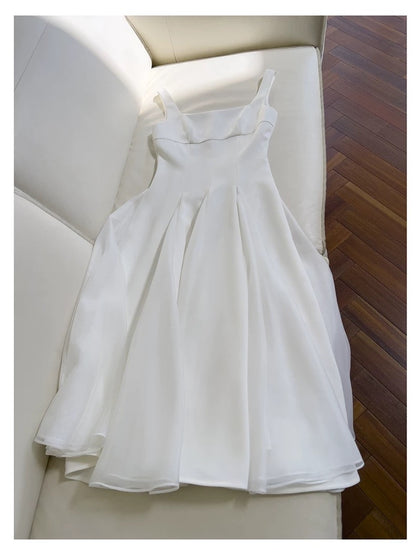 Elegant A line Square Neck White Sleeveless Long Evening Party Gowns Evening Formal Dresses Prom Dress W977