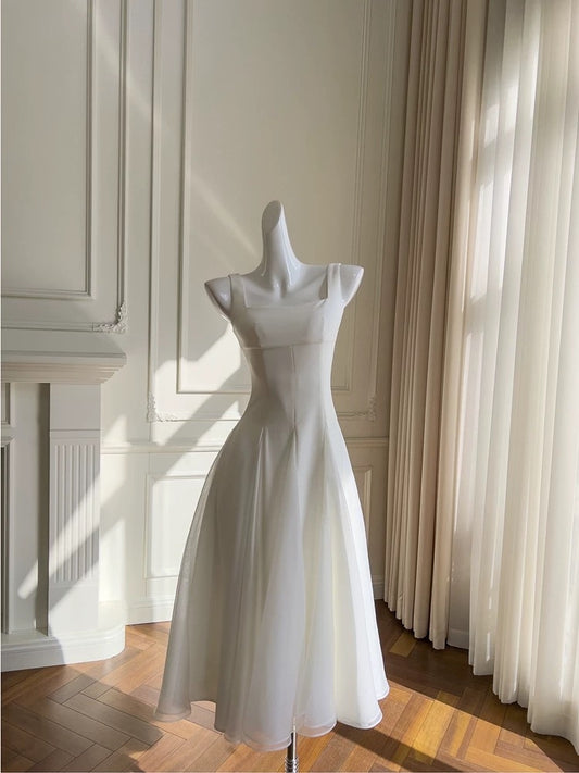 Elegant A line Square Neck White Sleeveless Long Evening Party Gowns Evening Formal Dresses Prom Dress W977