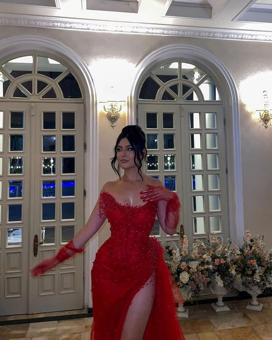 Sexy Mermaid Sweetheart Red Sequin Split Prom Dresses With Gloves Party Dress Summer 20th Birthday Outfits Birthday Dresses W980