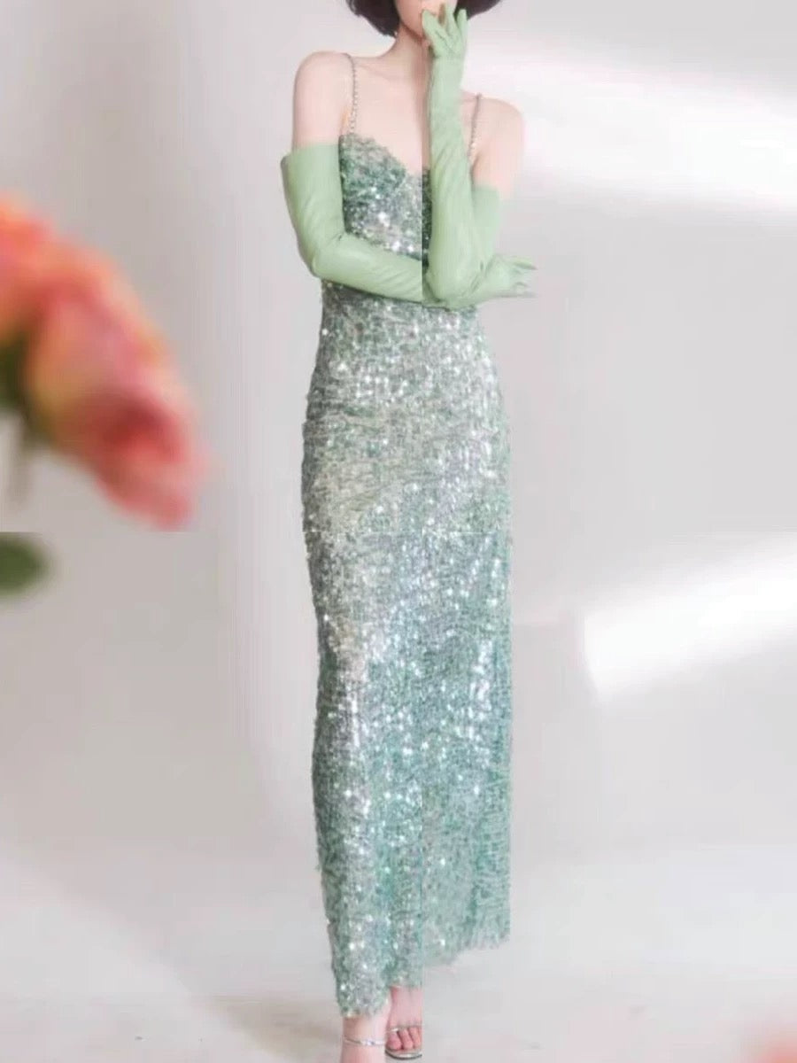 Elegant Sheath Spaghetti Straps Sequin Green Sleeveless Long Evening Party Gowns Evening Formal Dresses Prom Dress W980