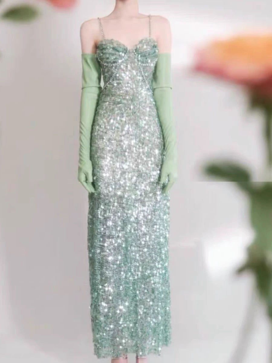 Elegant Sheath Spaghetti Straps Sequin Green Sleeveless Long Evening Party Gowns Evening Formal Dresses Prom Dress W980