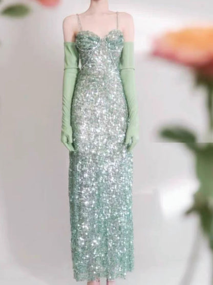Elegant Sheath Spaghetti Straps Sequin Green Sleeveless Long Evening Party Gowns Evening Formal Dresses Prom Dress W980