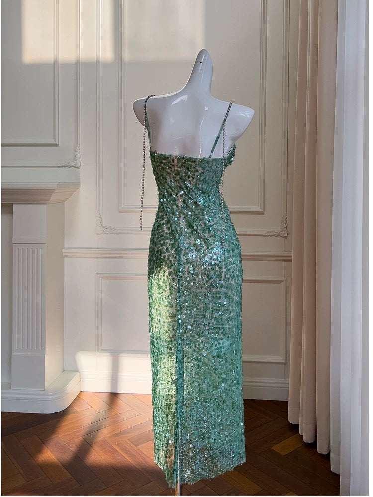 Elegant Sheath Spaghetti Straps Sequin Green Sleeveless Long Evening Party Gowns Evening Formal Dresses Prom Dress W980