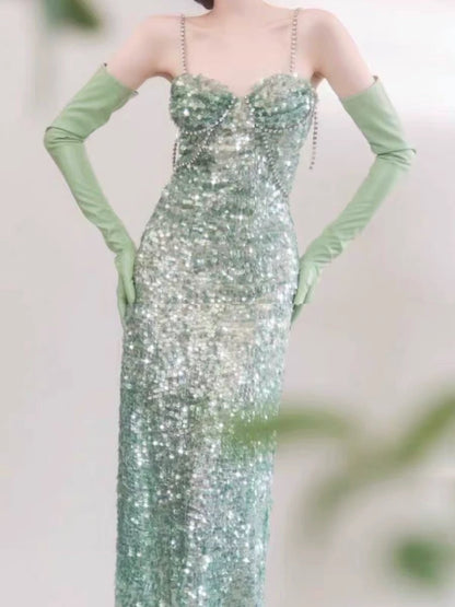 Elegant Sheath Spaghetti Straps Sequin Green Sleeveless Long Evening Party Gowns Evening Formal Dresses Prom Dress W980