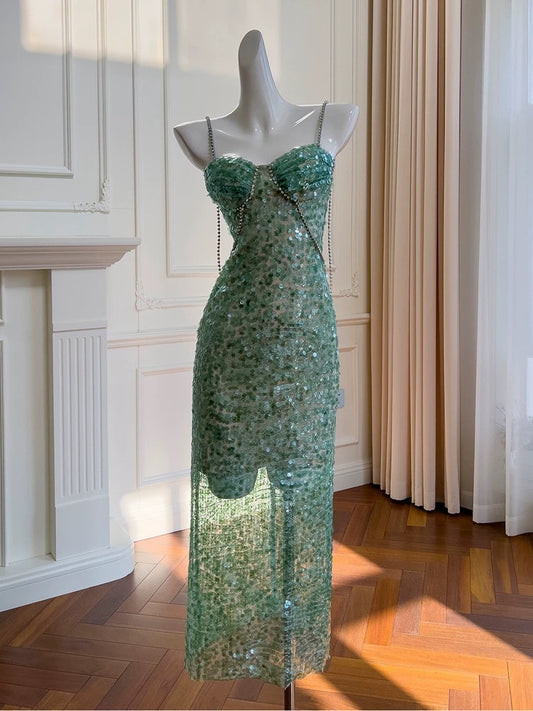 Elegant Sheath Spaghetti Straps Sequin Green Sleeveless Long Evening Party Gowns Evening Formal Dresses Prom Dress W980