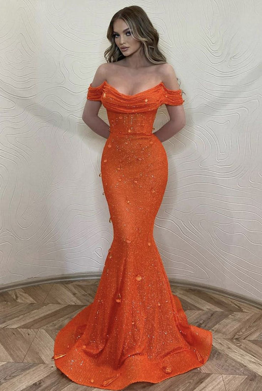 Sexy Mermaid Off The Shoulder Orange Sequin Long Prom Dresses Party Dress Summer 20th Birthday Outfits Birthday Dresses W981