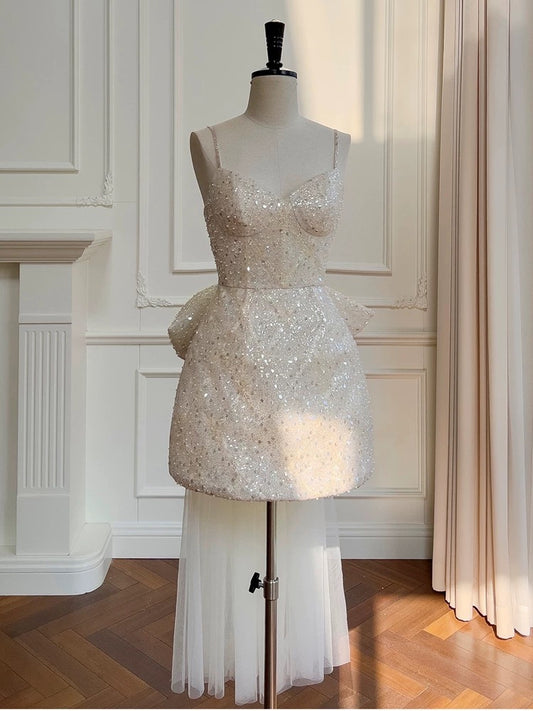 Cute A line Spaghetti Straps Champagne Sequin Formal Short 8th Grade Homecoming Dress Summer Middle School Hoco Dresses Birthday Outfits W982