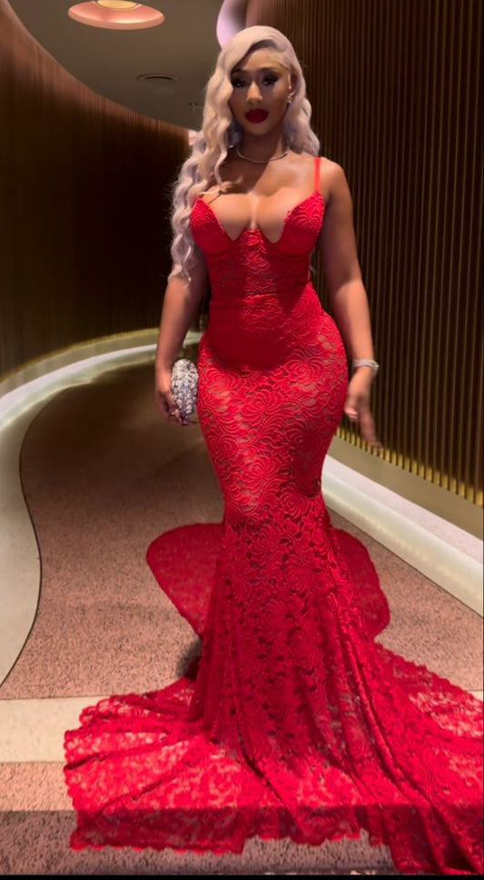Sexy Mermaid Straps Red Lace LongProm Dresses Party Dress Summer 20th Birthday Outfits Birthday Dresses W983