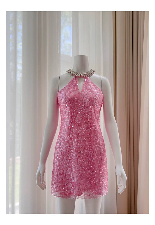 Cute Sheath High Neck Pink Sequin Formal Short 8th Grade Homecoming Dress Summer Middle School Hoco Dresses Birthday Outfits W985