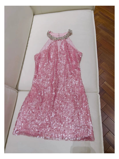 Cute Sheath High Neck Pink Sequin Formal Short 8th Grade Homecoming Dress Summer Middle School Hoco Dresses Birthday Outfits W985