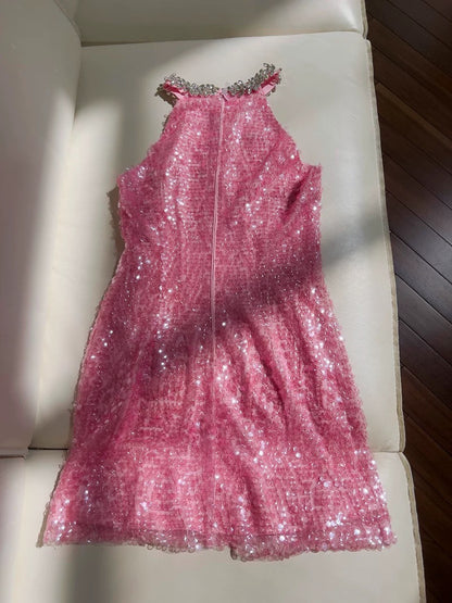 Cute Sheath High Neck Pink Sequin Formal Short 8th Grade Homecoming Dress Summer Middle School Hoco Dresses Birthday Outfits W985