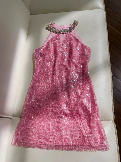 Cute Sheath High Neck Pink Sequin Formal Short 8th Grade Homecoming Dress Summer Middle School Hoco Dresses Birthday Outfits W985