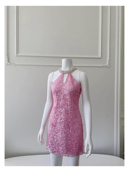 Cute Sheath High Neck Pink Sequin Formal Short 8th Grade Homecoming Dress Summer Middle School Hoco Dresses Birthday Outfits W985