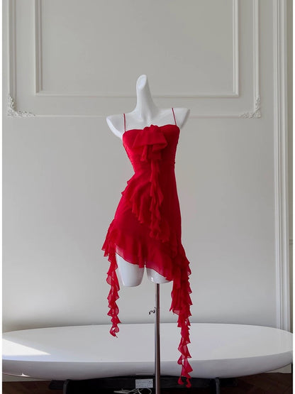 Pretty Sheath Spaghetti Straps Red Chiffon Short 8th Grade Homecoming Dress Summer Middle School Hoco Dresses Cocktail Dress Birthday Outfits W988