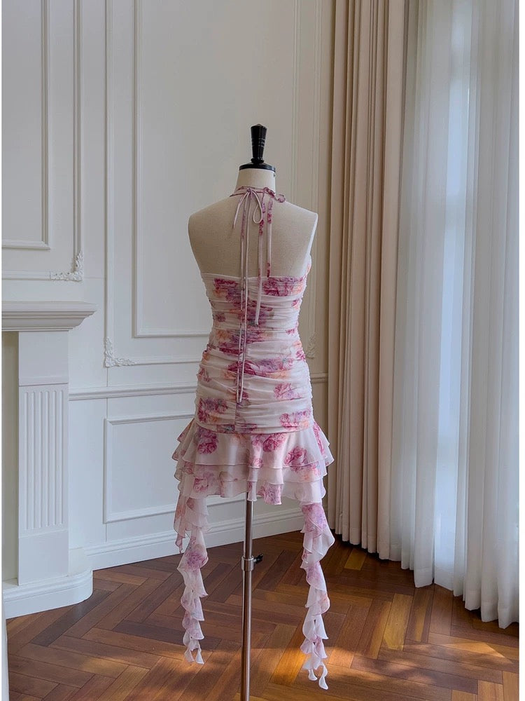 Jolie robe fourreau courte en mousseline de soie à volants et col licou pour le bal de fin d'année, tenue de cocktail ou d'anniversaire, style collège, W989