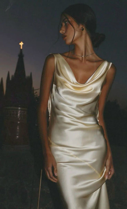 Modest Mermaid Light Yellow Satin Backless Formal Prom Gown Summer Wedding Guest Dress Bridal Guest Dresses Wedding Outfits For Guest W990
