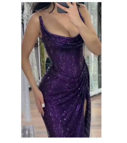 Robe de soirée longue noire à paillettes style sirène, sans bretelles, tenue d'anniversaire, de remise de diplôme, W992