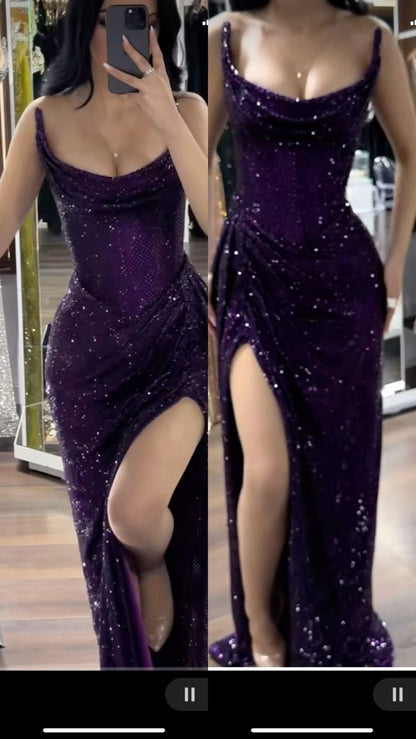 Classy Mermaid Strapless Black Girls Sequin Grape Sequin Long Prom Dresses Party Dress Birthday Outfits Graduation Dresses W992