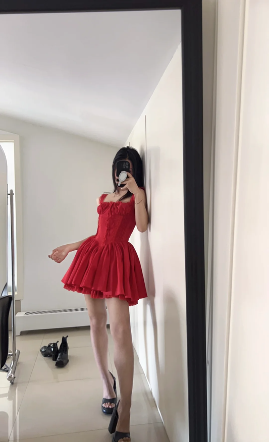 Cute A line Square Neck Red Short Homecoming Dress Summer Middle School Formal 8th Grade Hoco Dresses Cocktail Dress Birthday Outfits W992