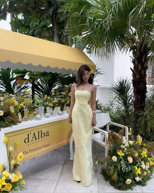 Elegant Mermaid Strapless Yellow Lace Long Prom Dresses Party Dress Summer 20th Birthday Outfits Birthday Dresses W998