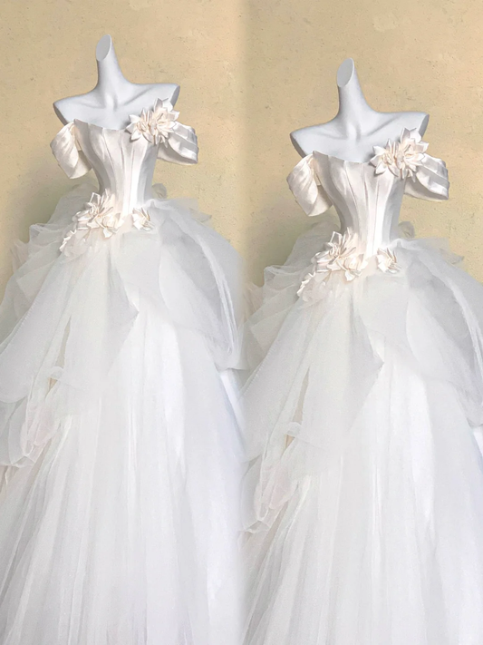 Pretty Wedding Dress Ball Gown Off The Shoulder White Satin Long Wedding Dresses With Flowers Bridal Gowns WD021