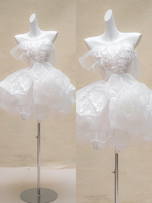 Unique Wedding Dress Ball Gown Off The Shoulder Lace Short White Wedding Dresses Bridal Gowns With Feathers WD039