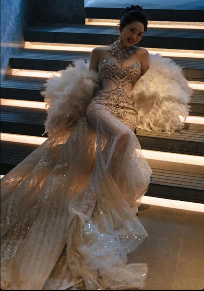 Retro Wedding Dress Mermaid Round Neck Sequin Long White Wedding Dresses Bridal Gowns WD045