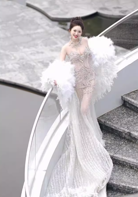 Retro Wedding Dress Mermaid Round Neck Sequin Long White Wedding Dresses Bridal Gowns WD045