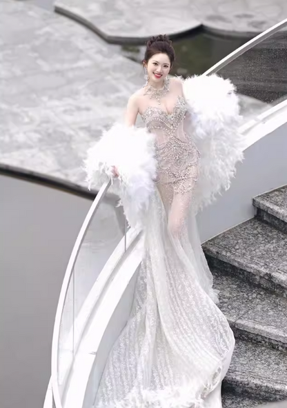 Retro Wedding Dress Mermaid Round Neck Sequin Long White Wedding Dresses Bridal Gowns WD045