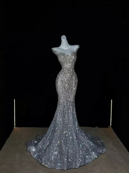 Sparkly Wedding Dress Mermaid Scoop Sequin Long Silver Wedding Dresses Brides Dress Bridal Gowns WD050