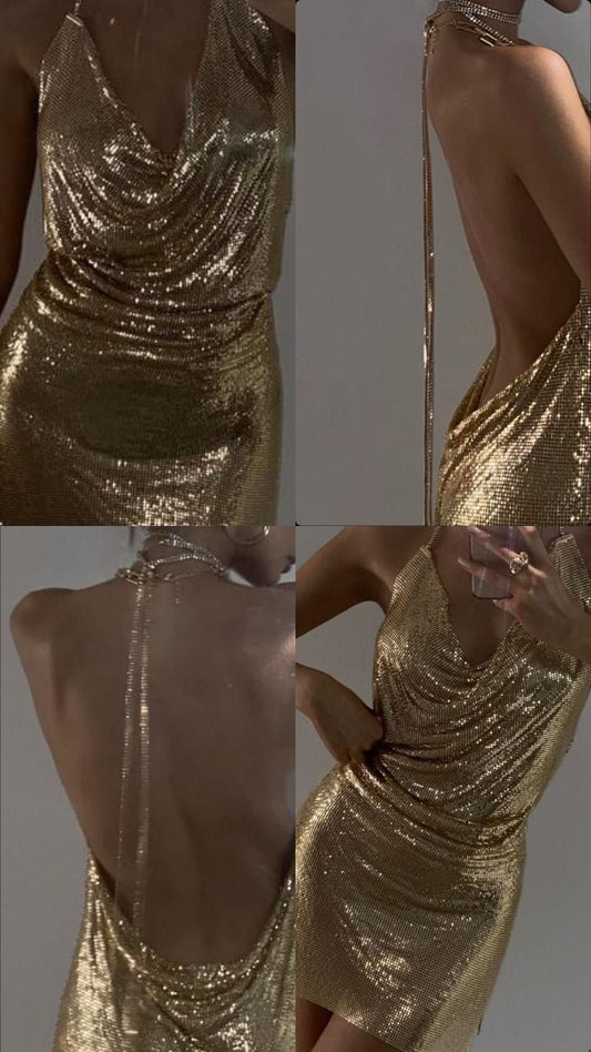 Cute Sheath Halter Sequin Gold Summer Homecoming Dress Hoco Dress Mini 16th Birthday Outfit Cocktail Dresses WD066